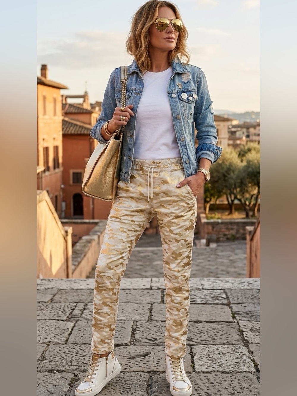 Bevy Flog Gold Camo Cotton Lycra‎ Drawstring Luxury Designer joggers size 25